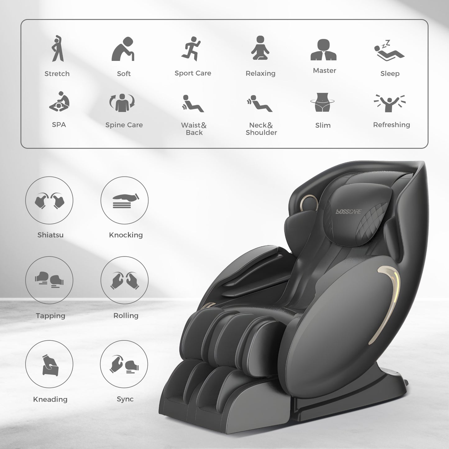 BOSSCARE Zero Gravity Shiatsu Full Body S Track Massage Chair,With Heating, Airbags, APP Voice Control,Black