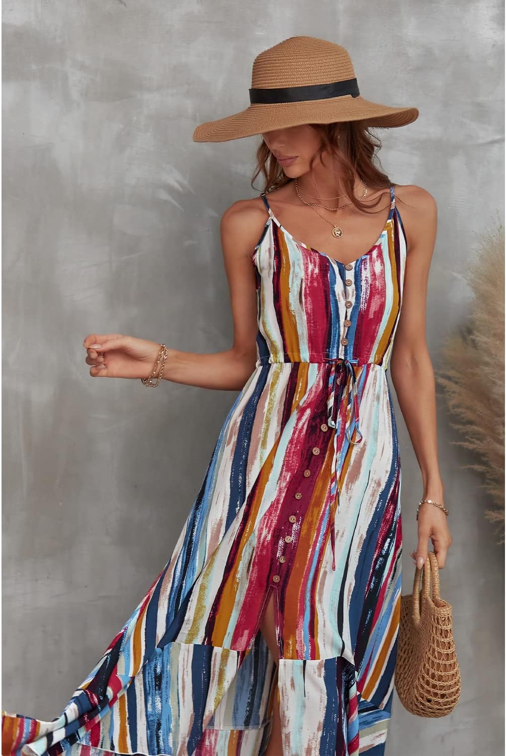 BROVAVE Women's 2024 Summer Casual Boho Sundress Polka Dot Spaghetti Strap V Neck Flowy Midi Dresses