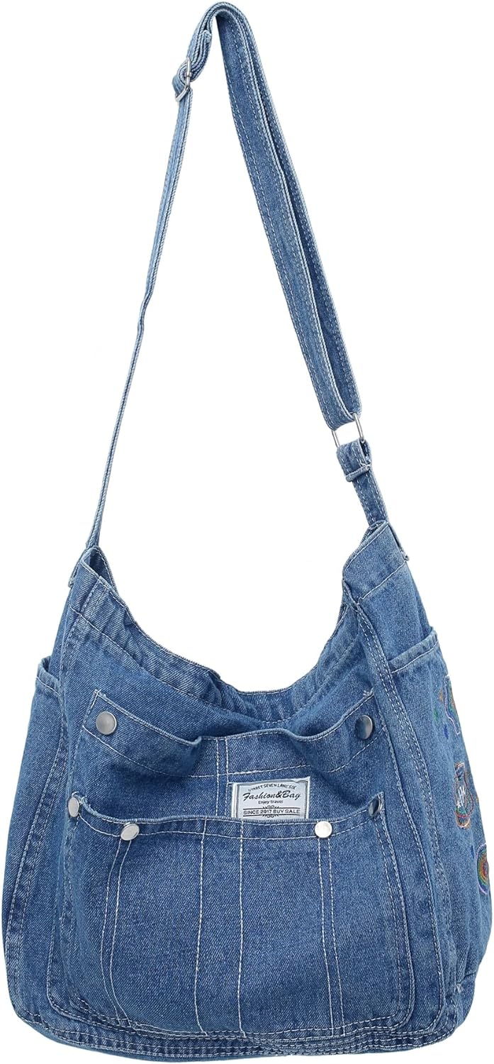 Leaper Denim Tote Bag Denim Shoulder Bag Lightweight Retro Travel Crossbody Hobo Handbag for Women