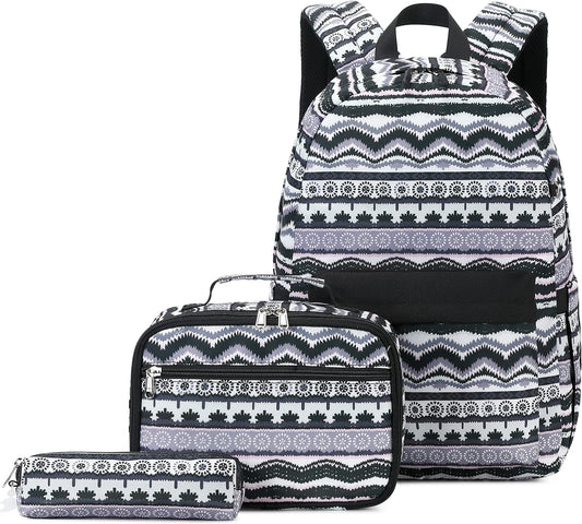 Leaper Geometric Stripe Laptop Backpack Bag Lunch Bag Pencil Bag Set (Black-2116-3)